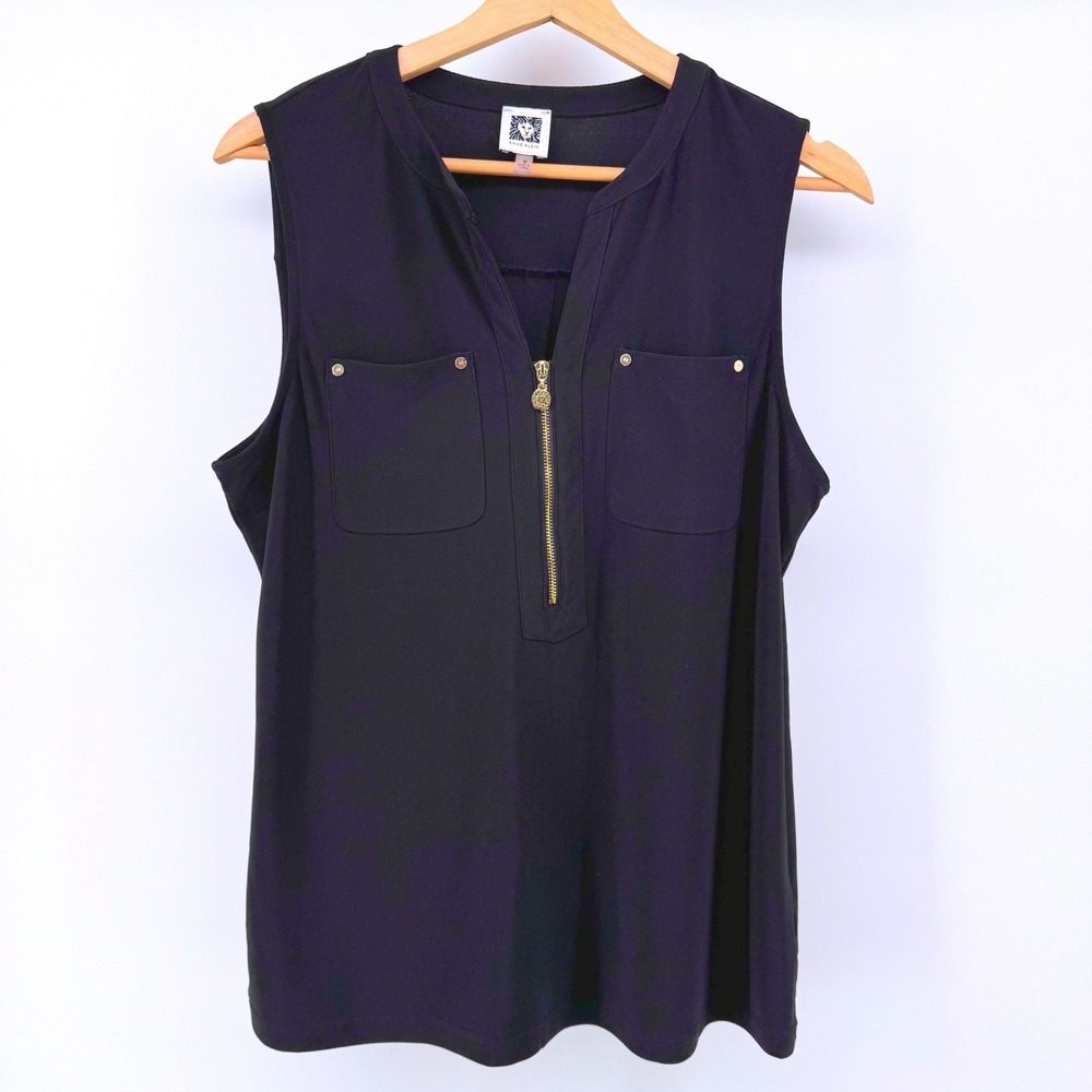 Anne Klein Womens Medium Black Sleeveless Zip Front Utility Pocket Shirt Top - Picture 2 of 5